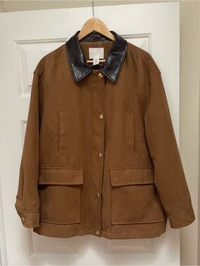H&M Brown Faux Suede Utility Jacket with Black Collar